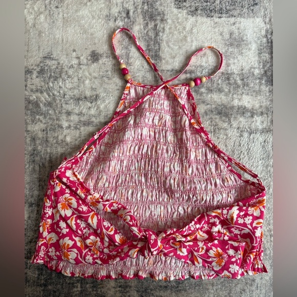 Zara Floral Pink Halter Crop Top Stretch elastic smocking wrap top in L- NWT - Picture 7 of 8
